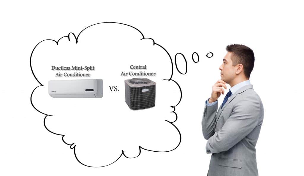 What Is The Difference Between Ductless & Central Air Conditioning Man Looking At The Difference Of A Ductless Vs. Central Air Conditiong Diagram