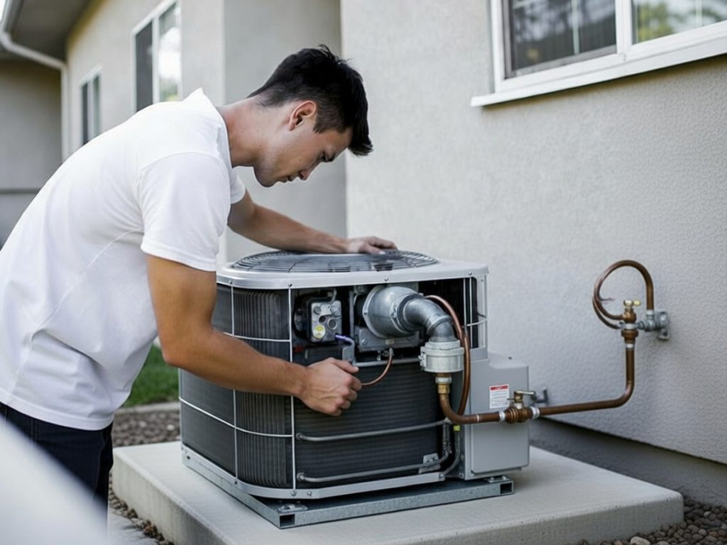 HVAC technician servicing an air conditioning unit on a home