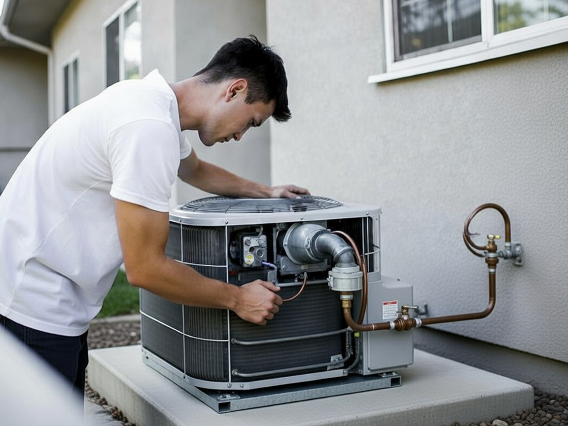 HVAC technician servicing an air conditioning unit on a home
