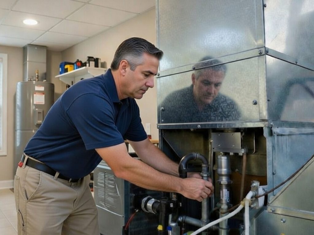 hvac technician doing repairs on a furnace